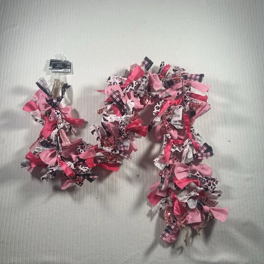 NWT Ashland Halloween Rag Tie Fabric Garland 6ft Pink Skulls Plaid Pastel Goth
